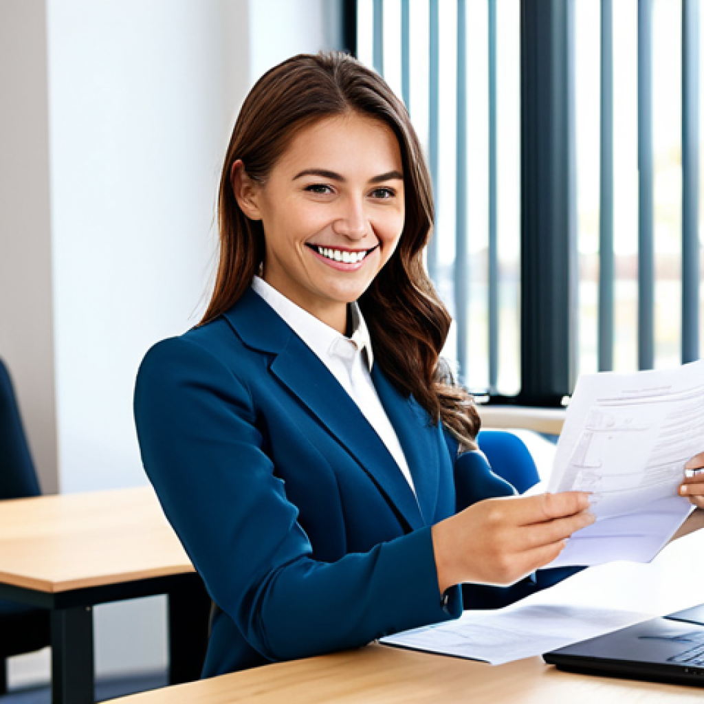 **

"A female accountant in a fully clothed, modest business casual outfit, smiling warmly while reviewing financial documents in a bright, modern office space, safe for work, appropriate content, professional, perfect anatomy, correct proportions, well-formed hands, proper finger count, natural body proportions, high quality, professional photography."

**