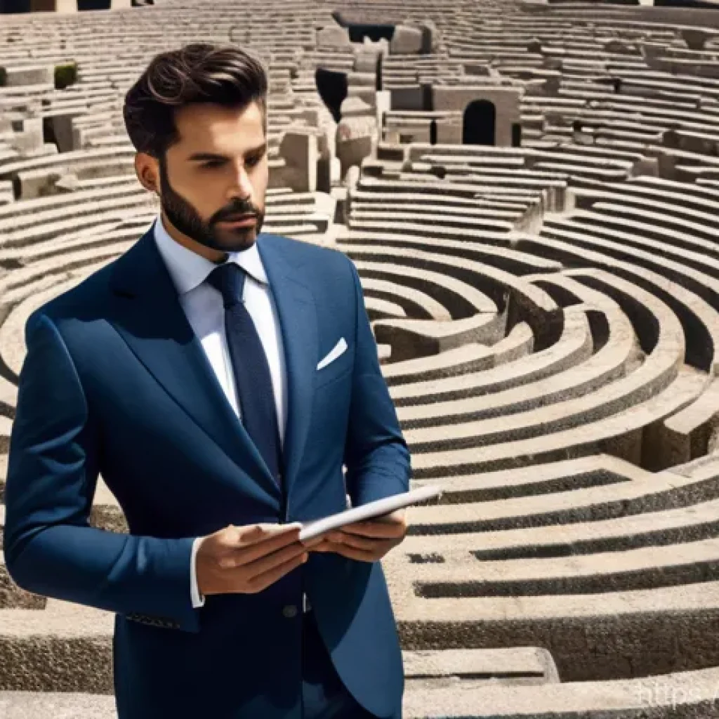 규제 업무의 핵심 포인트 정리 - A determined Italian entrepreneur, sharply dressed in a tailored business suit, stands amidst a vast...