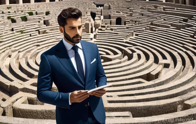 규제 업무의 핵심 포인트 정리 - A determined Italian entrepreneur, sharply dressed in a tailored business suit, stands amidst a vast...