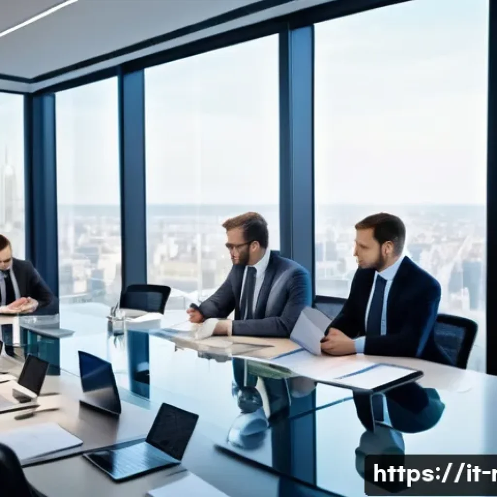 규제 관련 국제 인증 취득 가이드 - A modern office scene showing a diverse team of professionals in business attire gathered around a l...