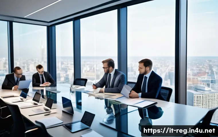규제 관련 국제 인증 취득 가이드 - A modern office scene showing a diverse team of professionals in business attire gathered around a l...