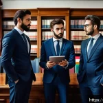 Home 20 규제 관련 주요 용어 해설 - A detailed illustration of a modern Italian legislative office scene, showing a diverse group of pro...