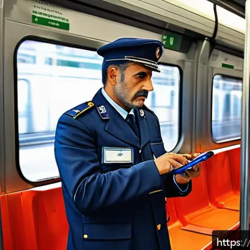 Home 17 규제요원 실기시험 준비 요령 - A professional public transport ticket inspector in a modern Italian urban setting, wearing a neat u...
