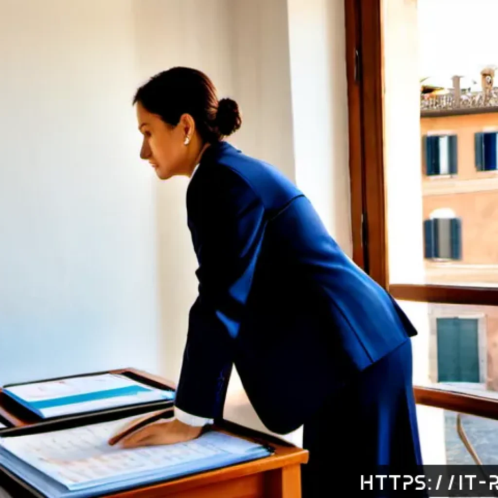 규제 업무와 관련된 직업 윤리 - Photorealistic scene of an Italian financial regulator in a modern Rome office, a professional woman...