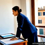 규제 업무와 관련된 직업 윤리 - Photorealistic scene of an Italian financial regulator in a modern Rome office, a professional woman...